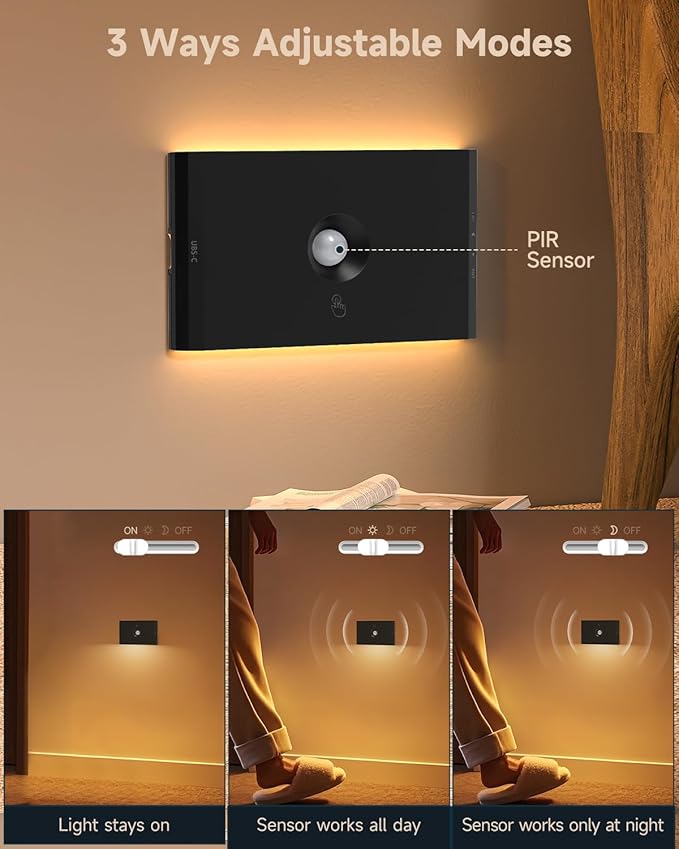 Yiliaw 6-Pack Rechargeable Motion Sensor Stair Lights Black, Dimmable Night Lights with 3 Modes & 3 Color Temperatures, Magnetic, Stick-On Stair Lights Indoor for Hallway, Stairway, Bathroom, Kitchen