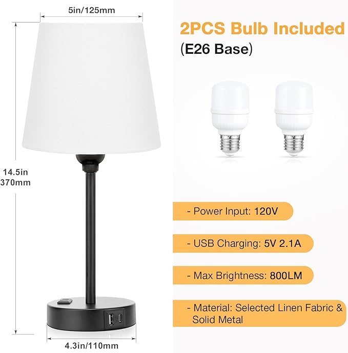 White Bedside Lamps for bedrooms Set of 2 - Nightstand Bedroom Lamp with USB C Port and AC Outlet Charging, 3 Way Dimmable Touch Control Small White Bed Side Table Lamp, Nightstand Light for Kids