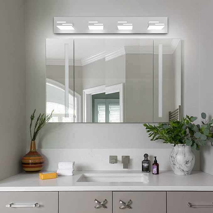 LED Modern Bathroom Vanity Light Fixtures, 4-Light 28-inch Dimmable Chrome Vanity Lights for Bathroom Lighting Fixtures Over Mirror, with 350° Rotatable Heads (Cool White 6000K)