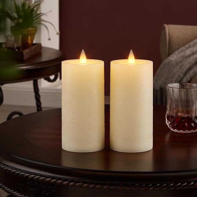 Flameless Pillar Candles Flickering with Remote Timer, Battery Operated LED Candles Up to 400 Hours, 3D Moving Flame Real Wax Candles. (Ivory Water Ripples-2 Pack)