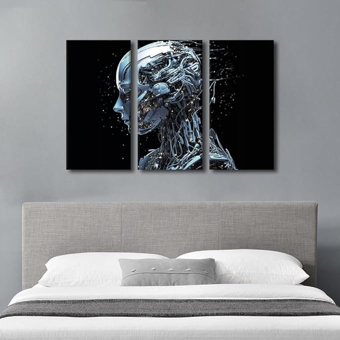 TUMOVO Female Robot Face Pictures Concept Wall Art 3 Panel Modern Canvas Print Art for Living Room Bedroom Decoration, Artificial Intelligence Artwork for Home Decoration Ready to Hang, 36" Wx24 H