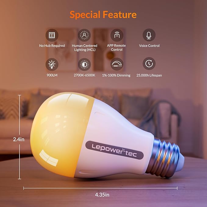 LEPOWER-TEC Smart Light Bulbs, Soft White Light Bulb, Compatible with Alexa/Google Assistant Only, Dimmable 900 Lumens LED Light Bulb, 8.5W (60W Equivalent), A19, WiFi 2.4Ghz, No Hub Required, 1 Pack
