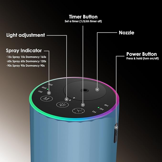 Waterless Essential Oil Diffuser, 7 Colors LED Light, Battery Powered Mini Scent Air Machine, Aromatherapy Mist Diffuser for Home Room Car Office，Black Aluminum Alloy (Blue)