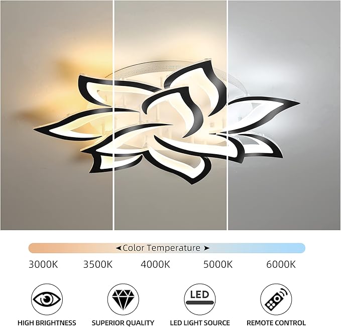 Garwarm Modern LED Ceiling Lights,Dimmable Flush Mount Ceiling Lamp Fixture, Black Petals Flower Shape Ceiling Light Chandelier Lighting for Bedroom Living Dining Room (72W, Black)