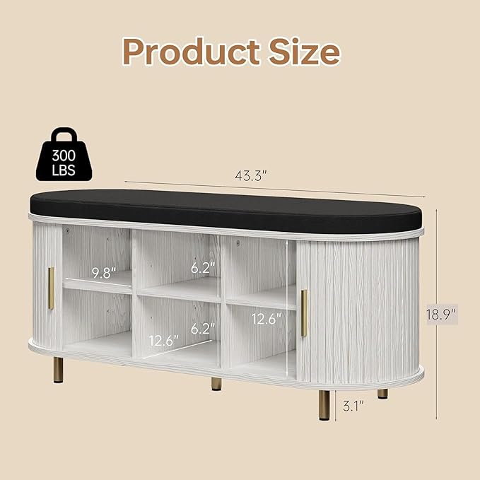 Entryway Bench with Storage: 43.31" Wooden Bedroom Shoe Bench with Thickened Padded Seat Cushion, Mid Century Modern Fluted Sliding Door and Adjustable Shelf, for Entryway, Living Room