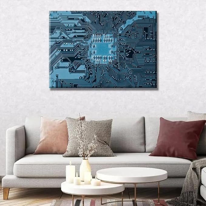Technology Digital Wall Art CPU Concept Abstract Picture for Bedroom Blue Electronic Circuit Artwork Print On Canvas Electronic Board Bedroom Wall Art for Living Room Framed Ready to Hang 20X28 INCH