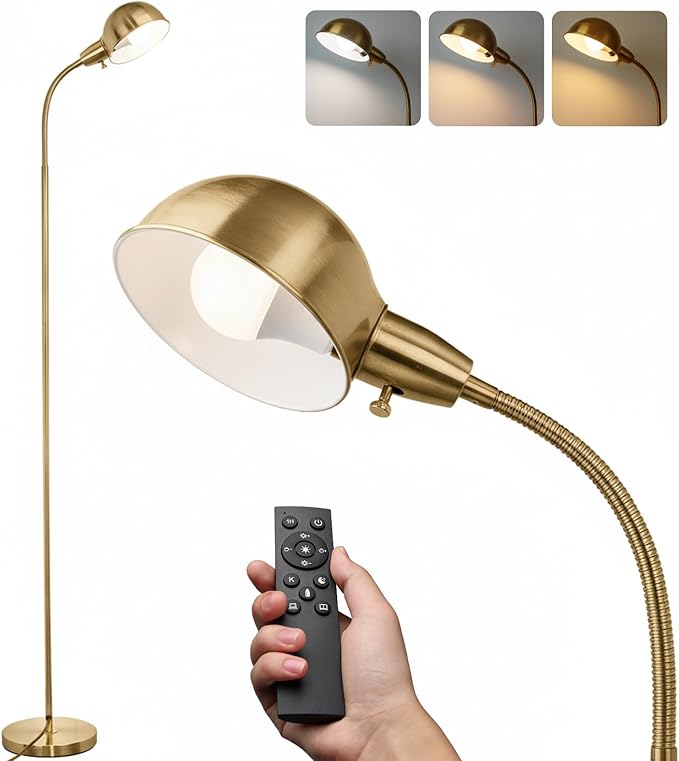 Dimmable Floor Lamp with Remote, Color Temperatures and Brightness Adjustable, Flexible Floor Lamp with Rotating Head, Modern Style Standing Tall Lamp, E26 Socket (Gold-Remote)