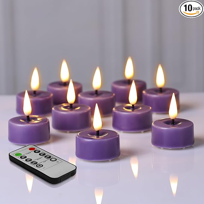 Eywamage Purple Flameless Wax Tealights with Remote Batteries, Flickering LED Tea Votive Candles Set of 10