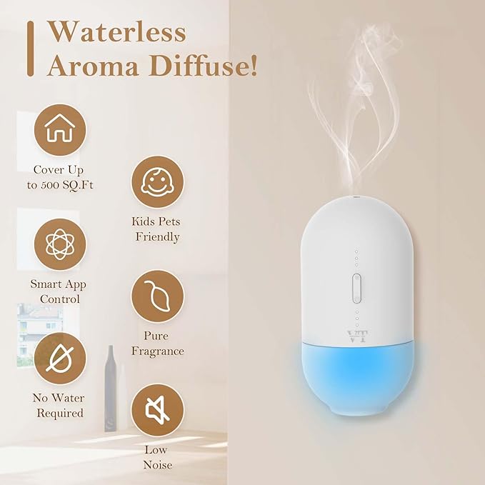 Plug in Waterless Oil Diffuser and 5 OZ Essential Oil for 600 Sq. Ft Room Home Hotel Office, Mini Wall Mounted Smart Scent Air Freshener Machine with Bluetooth App, House Outlet Aroma Diffuser White