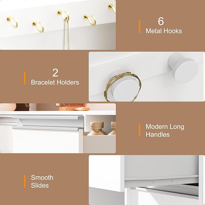 Vanity Desk with Mirror and Lights, 42.52" 9 Drawer Makeup Table with 2 RGB Lighting Cabinets and Power Outlet for Girls and Ladies Bedroom, White