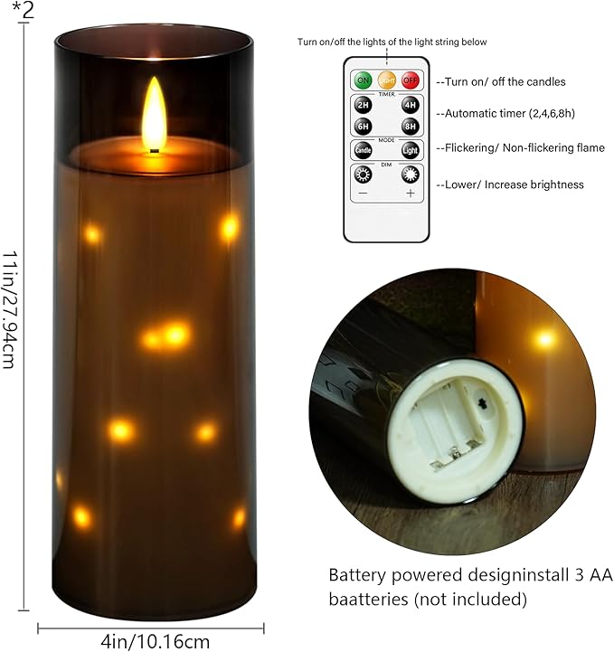 11" x 4" Large Outdoor Waterproof Flameless LED Candles with Remote and Timer,Acrylic Pillar Candles Battery Operated with Embedded Star String for Porch,Patio,Outdoor Decor,Set of 2(Grey)