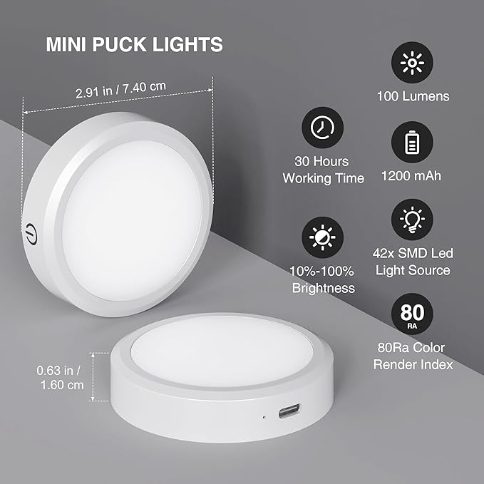 Rechargeable Puck Lights with Remote Control,LED Under Cabinet Light with Full-Screen,3 Color Temperatures Stick On Wireless, Tap for Kitchen,Cabinet,Counter,Closet,Shelf,2 Pack, White