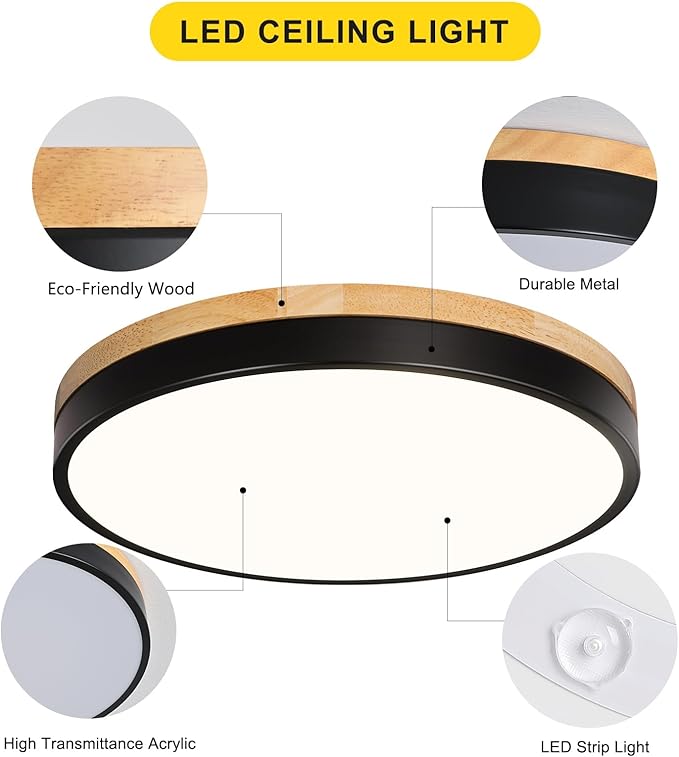 Round LED Flush Mount Ceiling Light, Modern Wood Ceiling Light, Minimalist Ceiling Lamp Black Ceiling Lighting Fixtures for Kitchen Bedroom Laundry Room Living Room Entryway Hallway&11.81 in