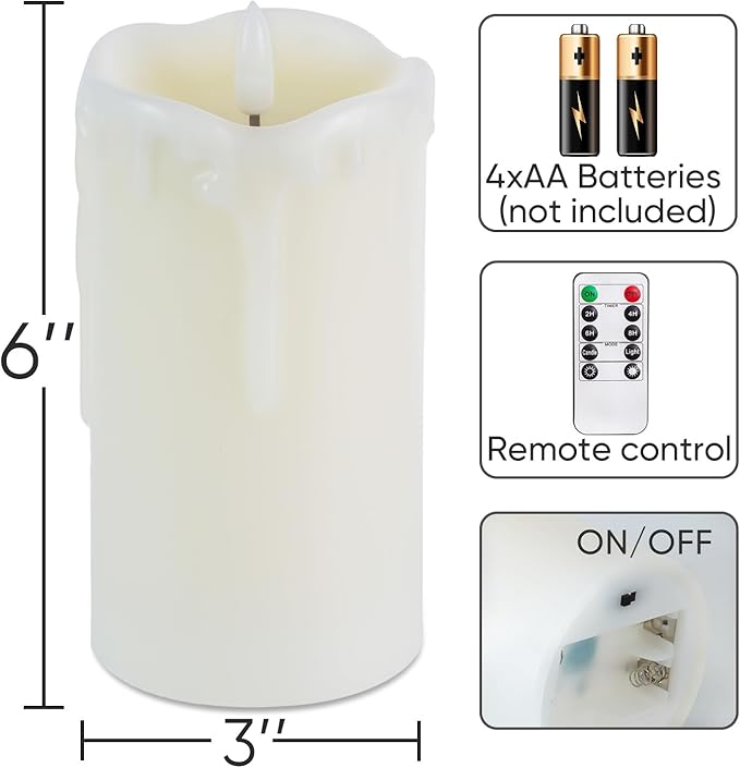 Homemory Dripping Wax Flameless Candles, Battery Operated Candles with Remote Control and Timers, LED Pillar Candles, Electric Fake Candles, 3" x 6", Set of 2