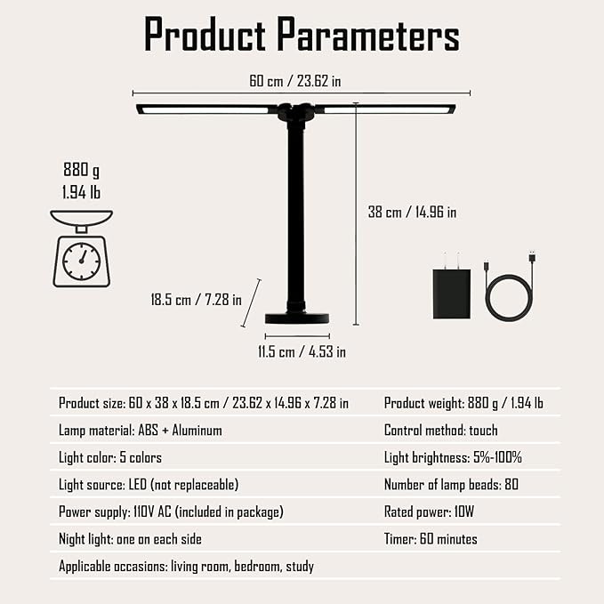 LED Double Head Desk Lamp with Night Light, 5 Color Temp, Slide Steplessly Adjust Brightness, 60 min Timer, Touch Control, Foldable Table Light for Working, Reading (Black Plug-in)