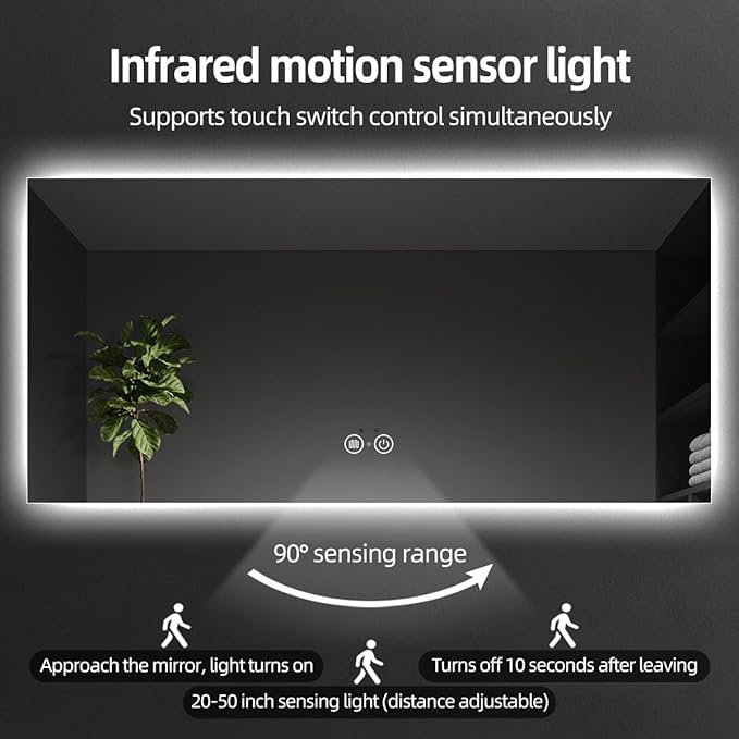 Backlit LED Bathroom Mirror, Infrared Motion Sensor Vanity Mirror with 3-Color Lights, Stepless Dimmable Wall Lighted Mirror with Anti-Fog, Memory, Rectangular (36" H x 72" W)