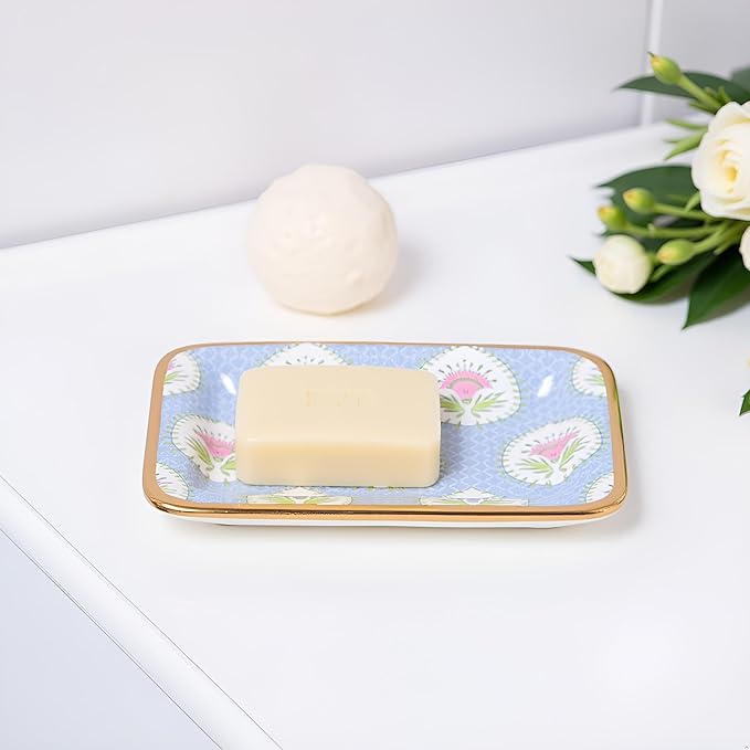 Jaye’s Studio Decorative Trinket Tray, Jewelry Plate, Catchall Dish for Bathroom, Dresser, Nightstand, Entryway, Blue and Pink, Chinoiserie Dish, Gold Tray, Daphne Laney Collection