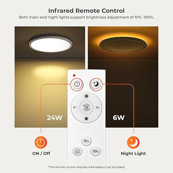 Matane 2Pack 12in LED Flush Mount Ceiling Light Fixture with Remote Control, Nightlight 2000K Warm, 3000K-6500K Adjustable, Low Profile Ceiling Lights for Bedroom, Kitchen, Living Room, White