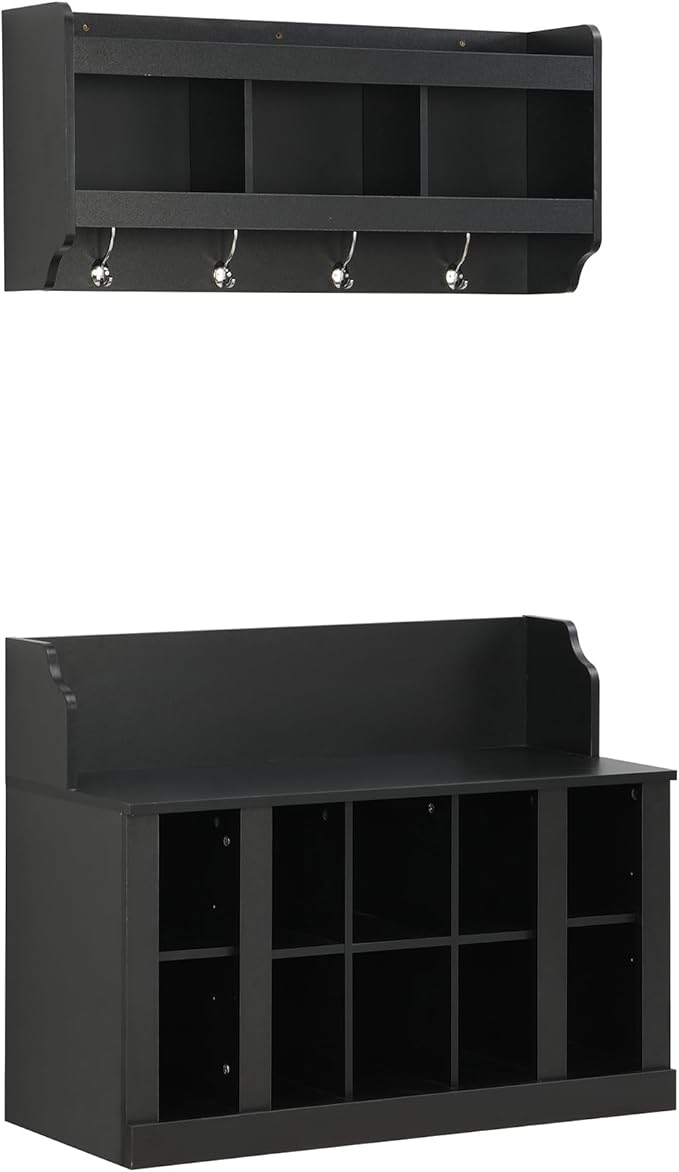 Shoe Storage Bench with Shelves and 4 Hooks, Elegant Hall Tree with Shoes Cubbies and Wall Mounted Coat Rack, Entryway Organizer For Hallway, Foyer, Mudroom, Black