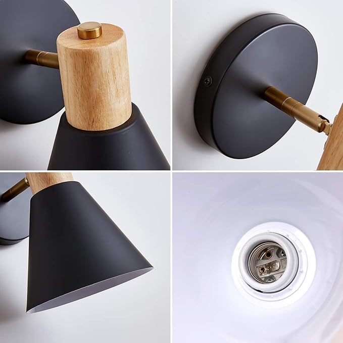 ClanKin Plug in Wall Sconces Lighting for Bedroom, Black Dimmable Wood Style Wall Sconce Reading Lamp, Adjustable Wall Light for Bedroom Hallway Living Room (Black-Plug in, 1)