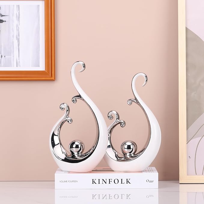 DOVDOV White and Silver Ceramic Abstract Statues Set of 2, Modern Art Deco Accents, Unique Home Decor, Coffee Table Decor, Shelf Decor, Room Decor, Coffee Table Decor Aesthetics.