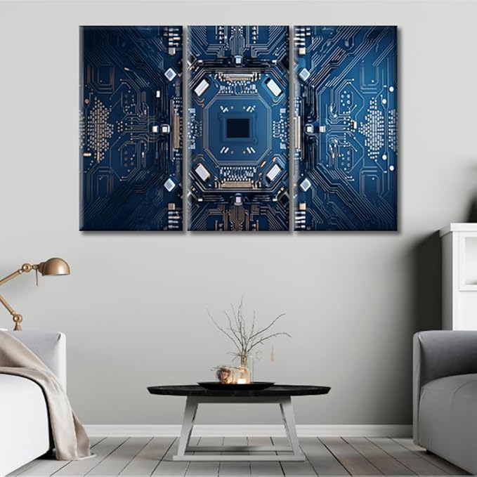3 Panels Computer Processors CPU Wall Art for Living Room Motherboard Digital Chip Office Wall Decor Canvas Prints Chip Modern Artwork for Bedroom Bathroom Framed Ready to Hang (36"Wx24"H)