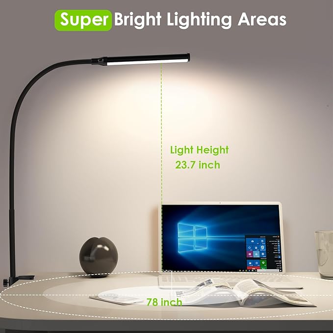 ShineTech LED Desk Lamp with Clamp, Clip On Desk Lamp for Home Office, 4000K Natural White & 11 Brightness Level, Flexible Gooseneck Architect Desk Light, Eye Caring Reading Lamp with USB Adapter