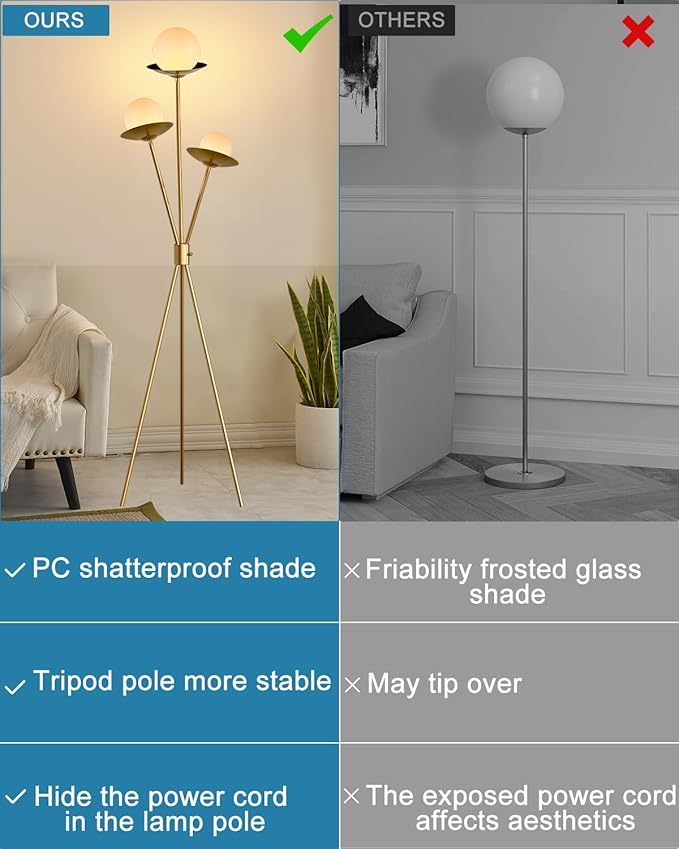 3 Globe Dimmable Tripod Floor Lamp, Mid Century Tree Floor Lamps with 3Pcs 3000K Bulbs Included, Modern Standing Tall Lamp for Living Room Bedroom Home Office Corner-Gold