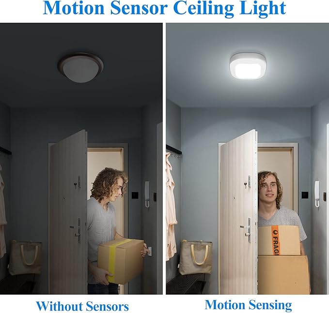 Closet Light, Battery Operated Ceiling Motion Sensor LED Light, 300LM Indoor Wireless, for Hallway, Garage, Stairway, Pantry, Shed Wall, 2 Pack