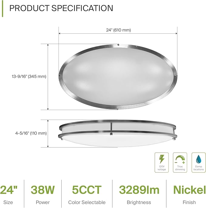 ASD LED 24" Oval Flush Mount Lighting, Close to Ceiling Light Fixture | 5CCT, Dimmable, ETL Listed | 38W 3289LM 2700-5000K 120V | Low Profile Double Ring Lamp | Nickel