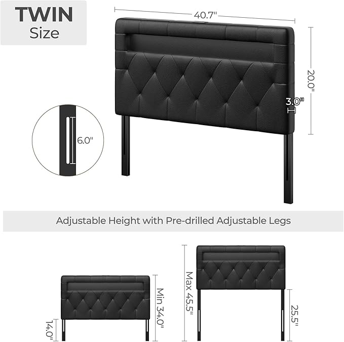 GREENSTELL Headboard for Twin Size Bed with 60,000 DIY Color of LED Light, USB & Type C Post, Attach Frame, Height Adjustable, Black Wall Mounted Head Boards Only, Sturdy & Stable, Comfortable, Twin