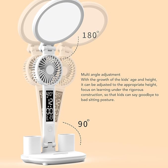 HURRISE Desk Lamp LED, LED Desk Lamps with Fans, Eye Care Foldable Touch Control Round USB Charging 3 Color Temperature Stepless Dimmable 3200mAh Clock Table Lamp with Fan Pen Holder
