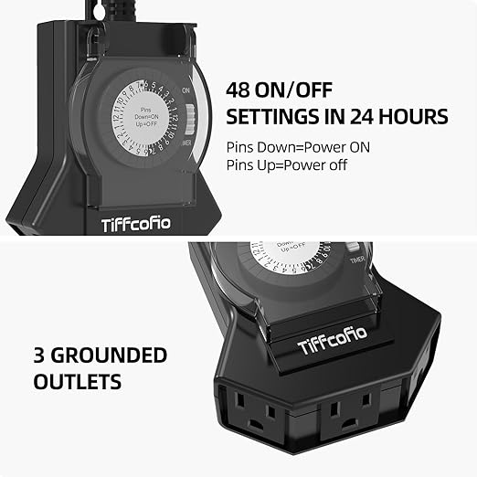 Outdoor Timer Outlet Waterproof, 24 Hour Mechanical Light Timer Outdoor, 2 Grounded Outlets for Home and Garden, 15A 1/2HP, Heavy Duty, ETL Listed (1 Pack) (1 Pack)