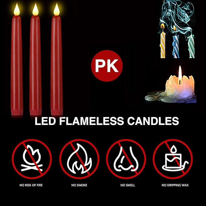 Flameless Taper Candles with Remote Control,3/6/9/12/15pack Plastic LED Candles, Flickering Battery Operated, 9.2'’Classic Tall Candle for Wedding, Party,Christmas,Home Decor (15PACK, Red)