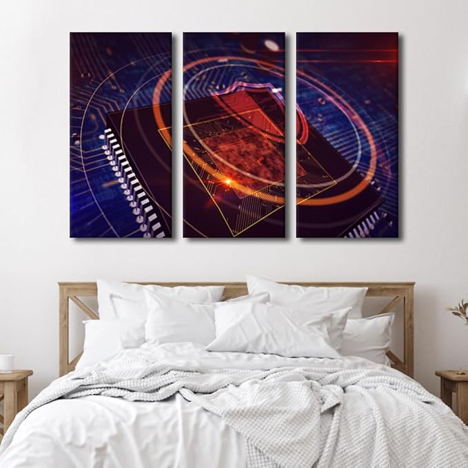 Framed Wall Art Internet Security Canvas Wall Art 3 Panels CPU Posters Pictures Print on Canvas for Living Room Bedroom Wall Decoration Gallery-Wrapped Ready to Hang, 60" Wx40 H