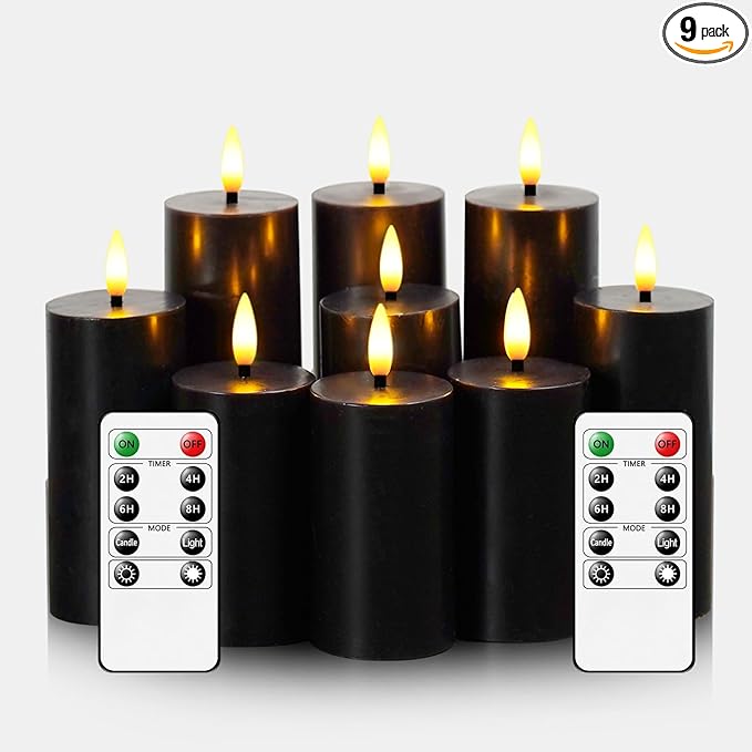 Flameless Candles Real Wax Realistic Pillar Candles, 9 Packs Battery Operated LED Candles with Remote Timer, Ideal for Halloween Home Decor（D 1.6"*H 4" 4.5" 5.5" ）