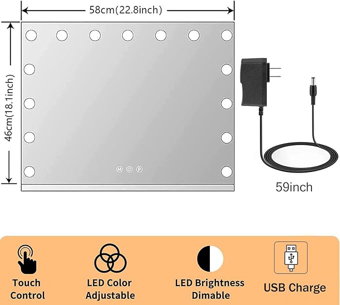 Kottova Vanity Mirror with Lights, 23"x18.1" Lighted Makeup Mirror with 15 Dimmable LED Bulbs, Hollywood Mirror with 3 Color Lightings, USB Charging Port Touch Control, Metal Frame,Plug in (White)