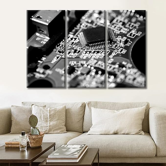 3 Panel Motherboard Digital Chip Poster Black and White Wall Decor Circuit Board Wall Decor for Bedroom CPU Concept Wall Art Giclee Wooden Framed Gallery-Wrapped Ready to Hang (36" Wx24 H)