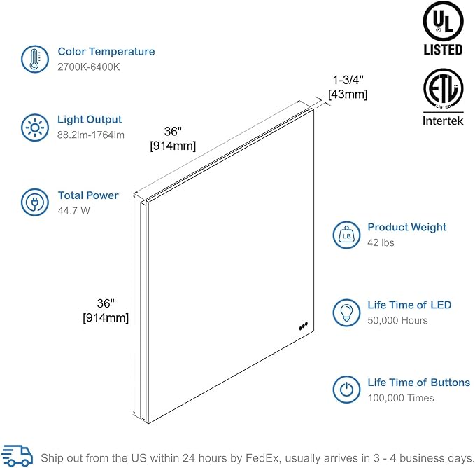 Blossom 36"X36" LED Bathroom Mirror with Lights, Front Lit and Backlight, Stepless Dimmable, Anti-Fog, Shatter-Proof Tempered Glass, Memory, 3 Colors Lighting Bathroom Mirrors for Vanity