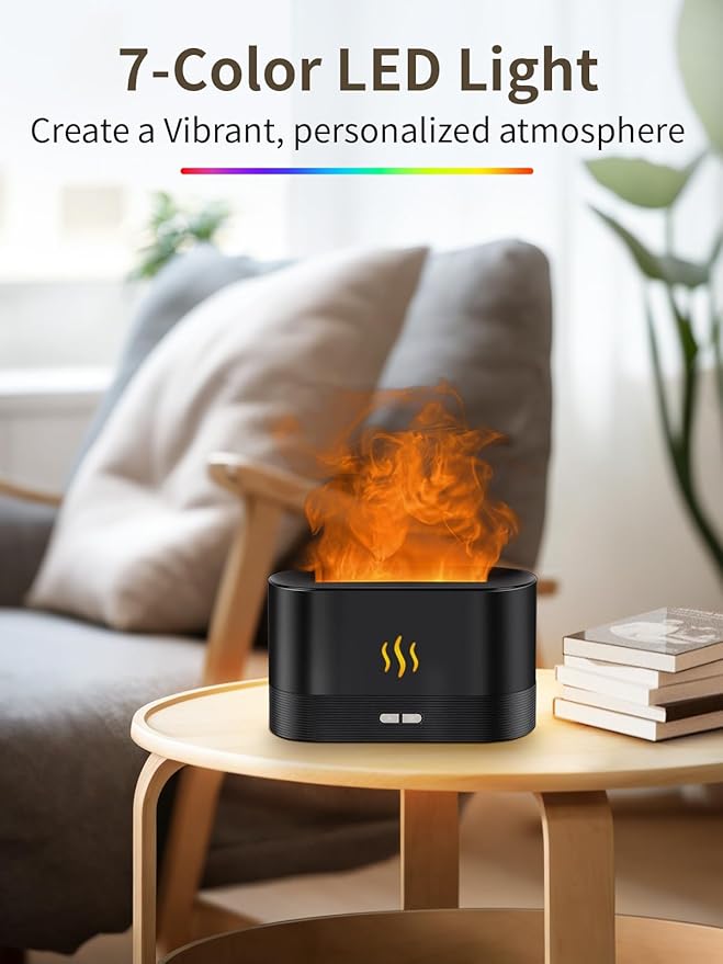 Flame Essential Oil Diffuser, 180ml Aromatherapy Diffuser with 7-Color LED Lights, Auto Shut-Off, Ultrasonic Cool Mist Humidifier for Home, Bedroom, Office, Gift (Black)