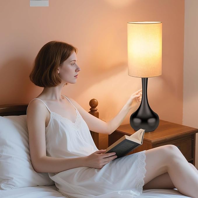 Mid Century Modern Droplet Table Lamp,Touch Control & 3-Way Dimmable,No Assembly Required Cyliner Shade,Black Vintage Farmhouse Bedside Lamp for Bedroom,Nightstand,Living Room,Office