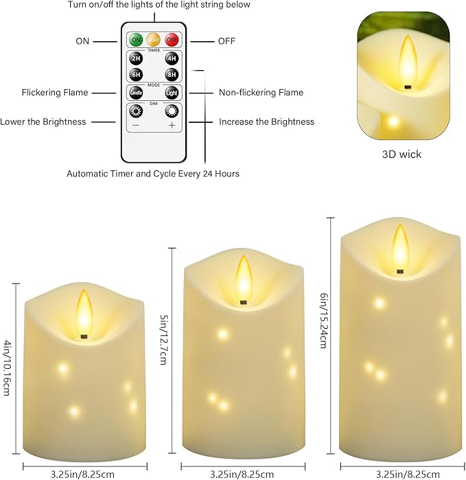 Outdoor Waterproof Flickering Flameless Candles with Embedded Star String,3Pcs LED Pillar Candles Battery Operated with Remote and Timers for Courtyard,Porch,Camping,Holiday Decoration(Ivory)