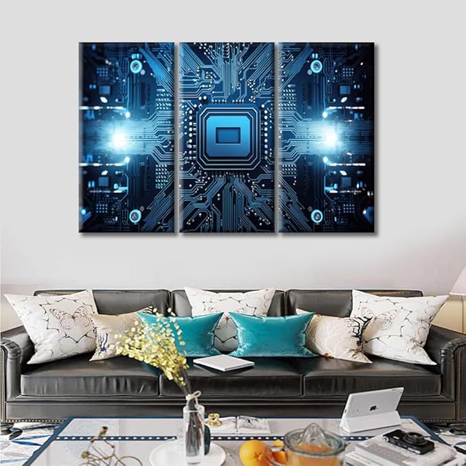 Chip Canvas Wall Art for Living Room Family Wall Decor, Kitchen, Bathroom, Bedroom Modern Wall Decor 3D Technology Motherboard Pictures Artwork Home Decor 3 Pieces Framed Ready to Hang (42"Wx28"H)