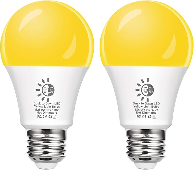 Flaspar Dusk to Dawn LED Yellow Bug Light Bulbs Outdoor 60W Equivalent, Amber Yellow Bug Light Bulb for Outside, Auto On/Off 9W 2000K A19 LED Bug Photocell Sensor Lights for Patio, Porch, 2 Pack