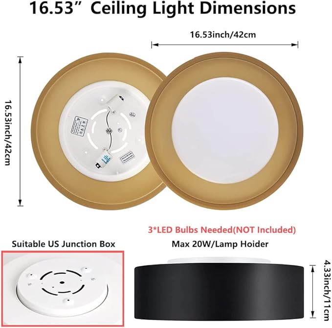 Modern Flush Mount Ceiling Light,Minimalist Close to Ceiling Lighting Fixture,Black and Gold Flush Mount Light Fixture forBedroom,Entry, Hallway,Balcony, Bathroom (16.5'')