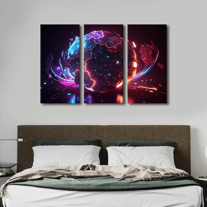 Digital World Pictures Cyber Space 3D Posters and Prints 3 Panel Framed Wall Art Neon Colorful Global World in Cyber Space Artwork for Home Wall Decoration Ready to Hang, 36" Wx24 H