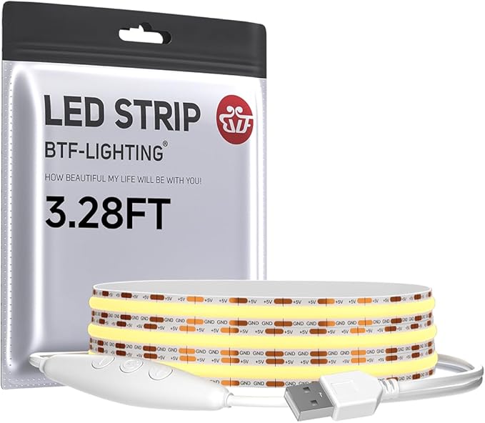 BTF-LIGHTING FCOB COB FOB LED Strip Lights 5V USB Powered 3.28FT 320LEDs Cool White 6000K 8mm Width Dimmable CRI 90+ with 3M Tape Flexible High Density for 3D Printer TV Backlight PC DIY Decor
