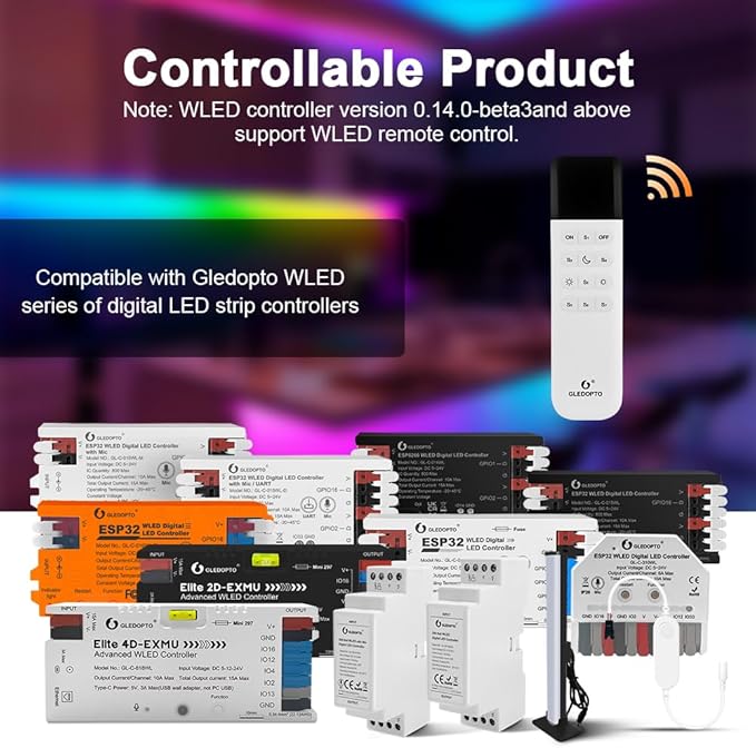 GLEDOPTO ESP Now WLED Remote Control WLED LED Strip Light Controller 7 Group Preset Scene Brightness Changeable 50 Meters Wireless Control
