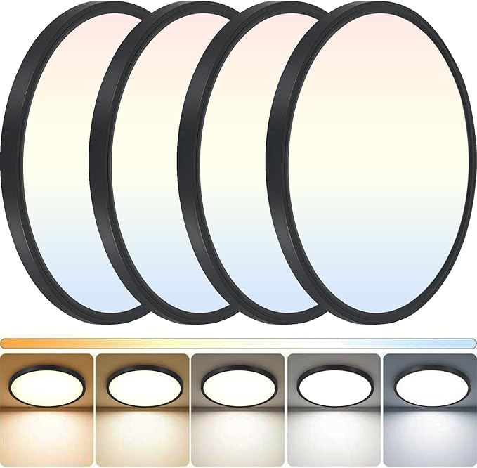 4Pack LED Flush Mount Ceiling Light: 12 inch Super Slim Dimmable & 5CCT (2700-6000K) Kitchen Lighting Fixtures Ceiling - 24W Black Low Profile Ceiling Lamp for Bedroom Garage Hallway