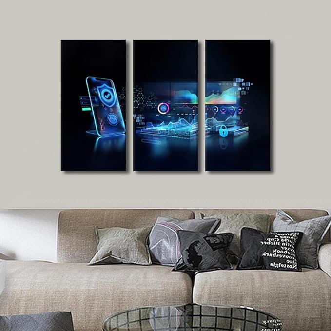 Framed Wall Art 3 Panel Canvas Wall Decor Cybersecurity Fingerprint and Secure Online Connection of Professional Trading Pictures Print On Canvas for Living Room Decoration, 36" Wx24 H